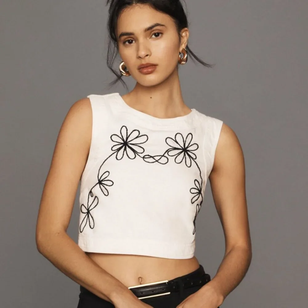 Embroidered Cross-Back Cropped Tank - Picture 1 of 7